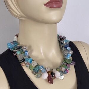 Artisan Crafted Boho Wire Wrapped Gemstone Pearl Glass Bead Toggle Necklace 18”
